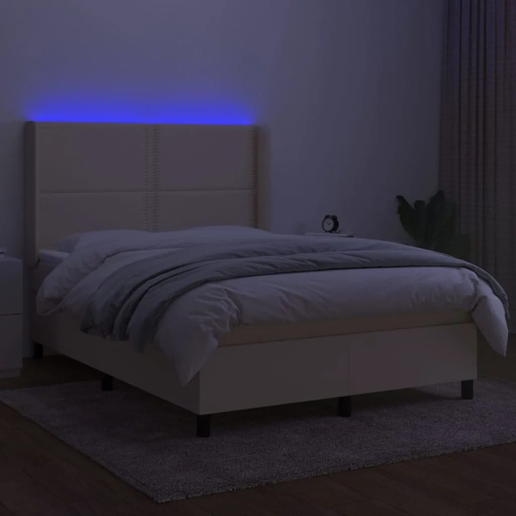 Cama box spring c/ colchão e LED 140x200 cm tecido cor creme