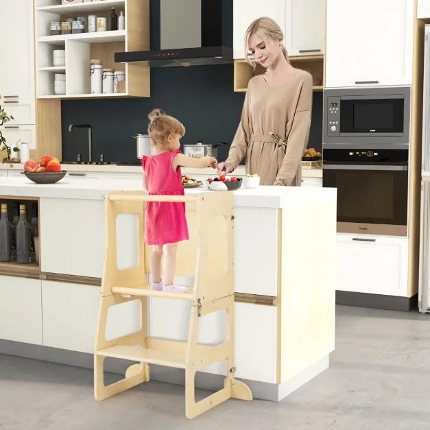 Conjunto 7 em 1 Escalador dobrável para crianças de 3 a 14 anos com rampa reversível, banco conversível e quadro divertido natural