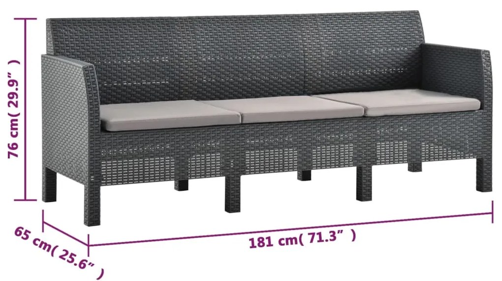 2 pcs conjunto lounge jardim com almofadões vime PP antracite