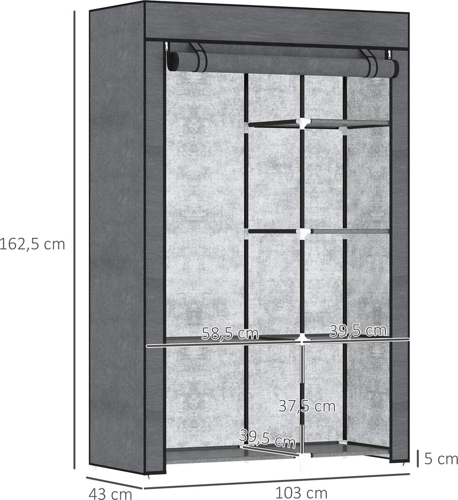 Guarda Roupa de Tecido Dobrável com 6 Prateleiras e 1 Barra de Pendurar para Dormitório Vestidor 103x43x162,5 cm Cinzento
