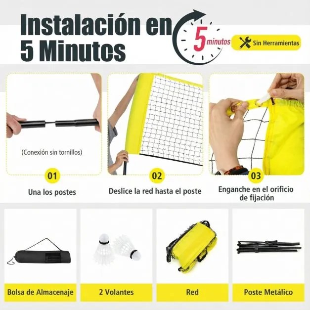Rede de Badminton 420 cm Portátil Ajustável em Altura com Postes, Bolsa de Transporte e 2 Penas para Interior e Exterior Amarela