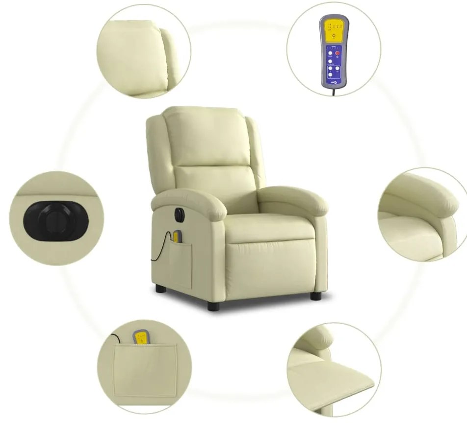 Poltrona massagens reclinável elétrica couro genuíno creme