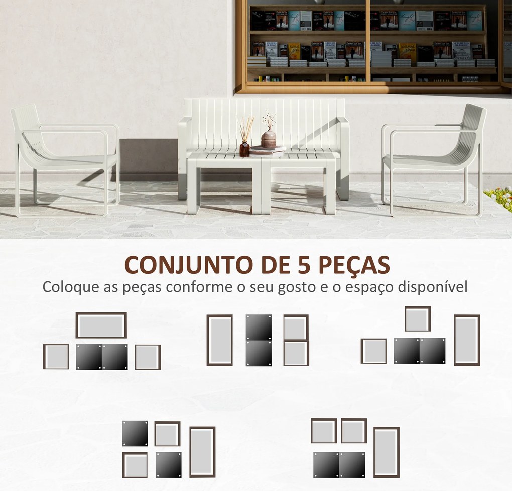 Conjunto de Jardim 5 Peças Móveis de Exterior com 2 Poltronas 1 Sofá de 2 Lugares e 2 Mesas de Centro Desenho de Ripas Branco