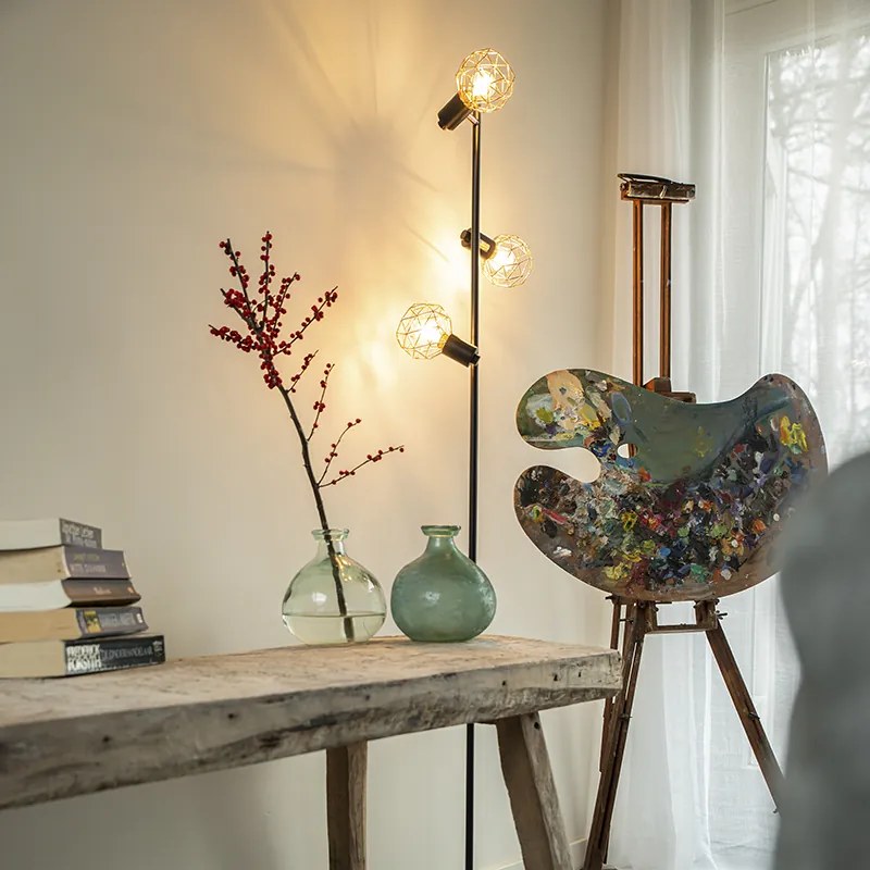 Candeeiro de pé preto com cobre 3-luzes - Mesh