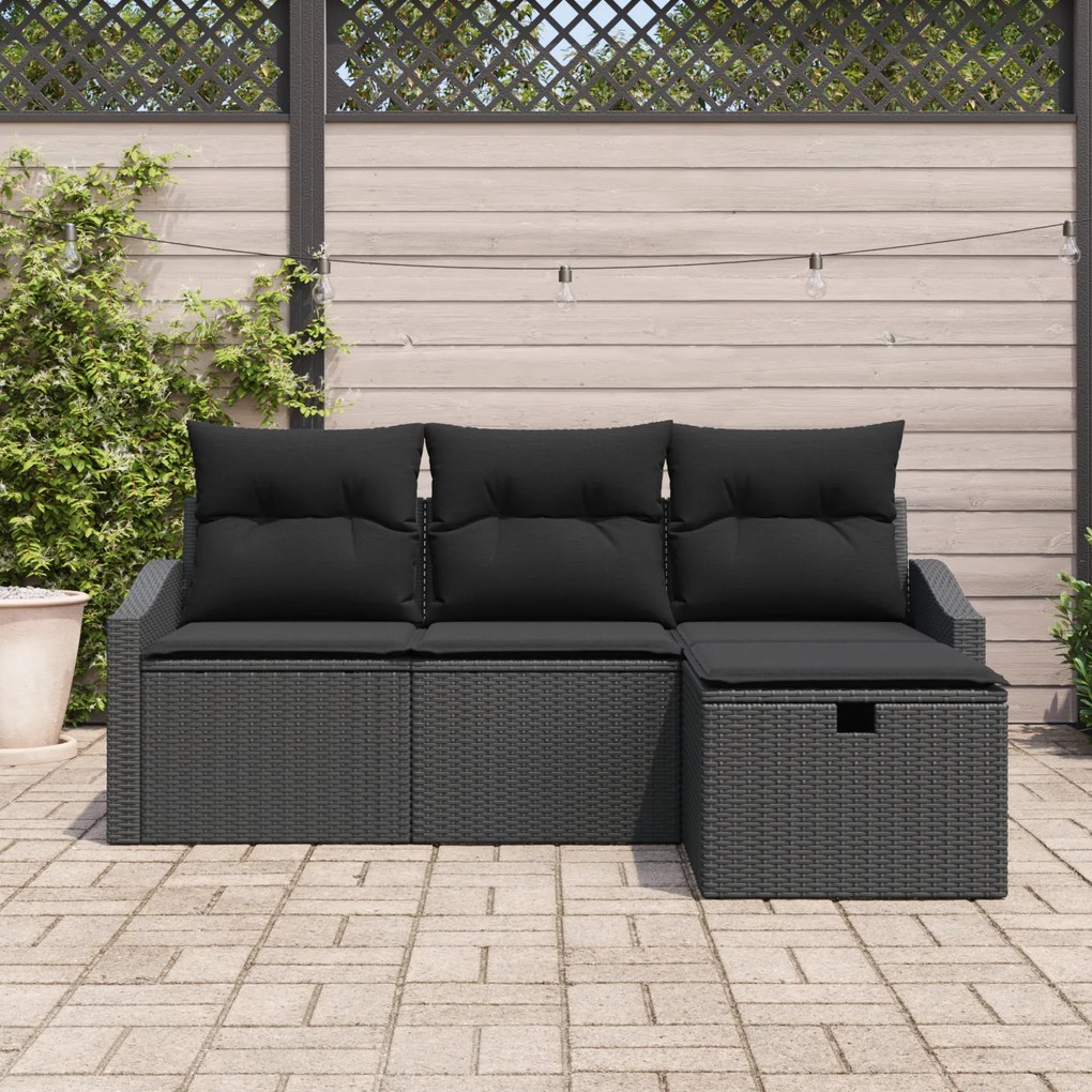 Conjunto de Sofás de Jardim de 4 Peças com Almofadas Preto Vime Sintét