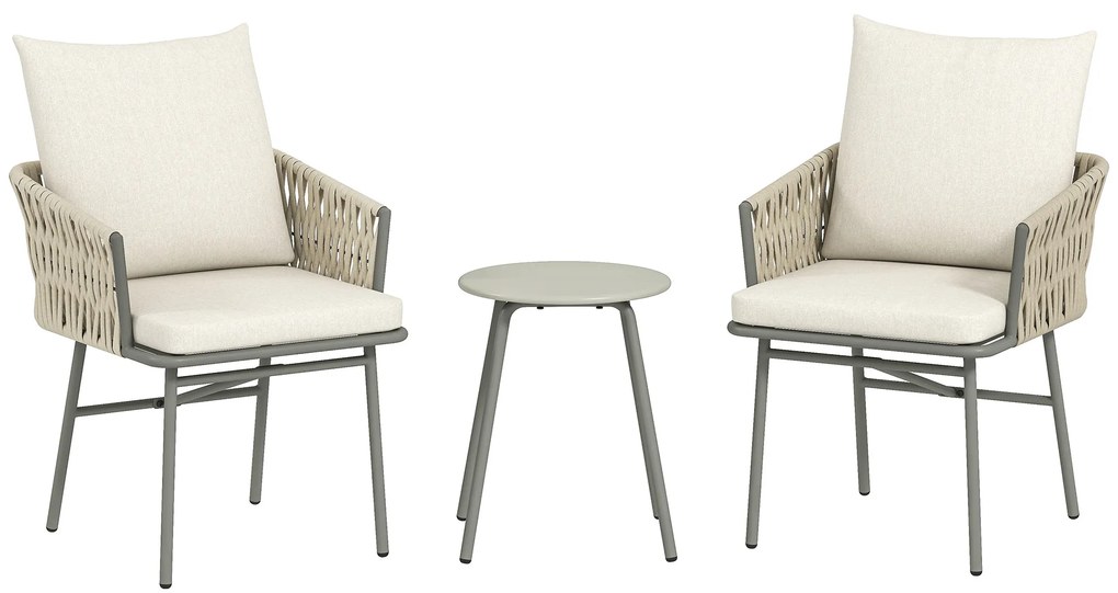 Outsunny Conjunto de Jardim de 3 Peças com 2 Cadeiras com Almofadas Removíveis e Laváveis e Mesa com Bancada de Metal Cinza e Creme | Aosom Portugal