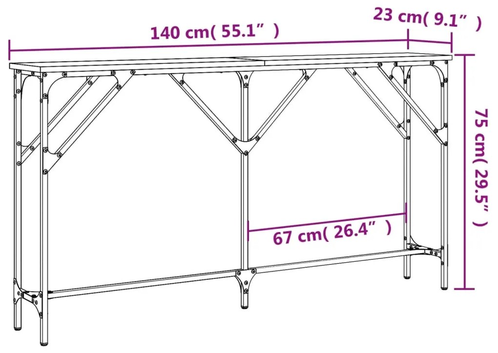 Mesa consola 140x23x75 cm derivados de madeira cinzento sonoma
