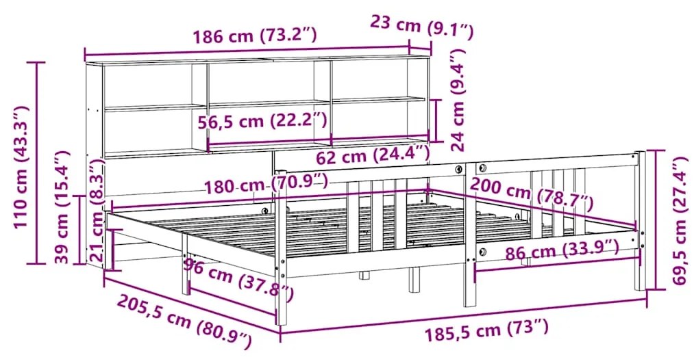 Cama com estante sem colchão 180x200 cm pinho maciço