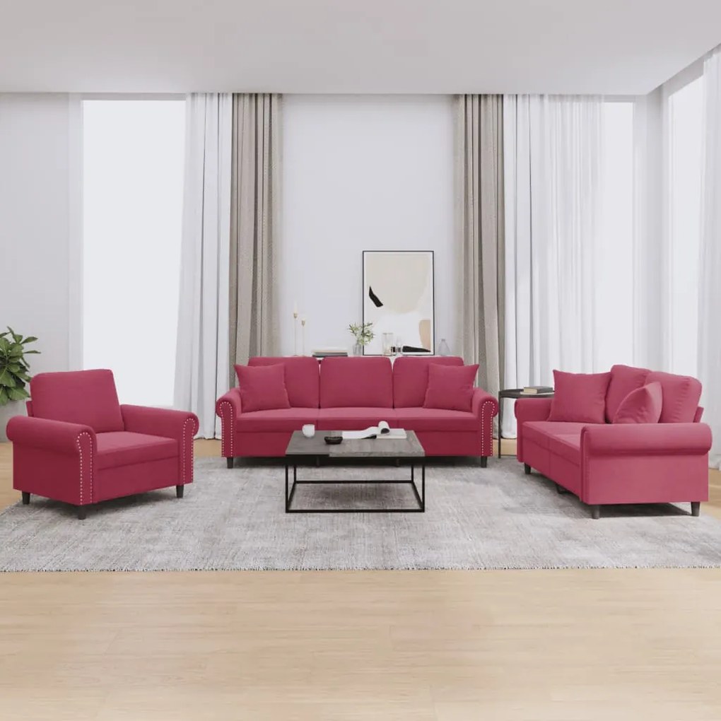 3 pcs conjunto de sofás com almofadas veludo vermelho-tinto