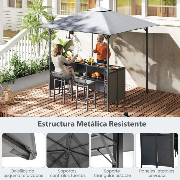 Conjunto de Tenda bar para jardim 245 x 245 x 243 cm com 3 peças com 2 bancos de bar Mesa de bar em vidro temperado Estante de armazenamento Cinza