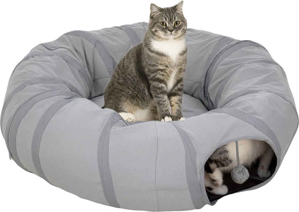 Túnel redondo para gatos de interior com cama e almofada, dobrável, com orifícios para bolas e mirilhão, Ø 90 x 27 cm, cinzento