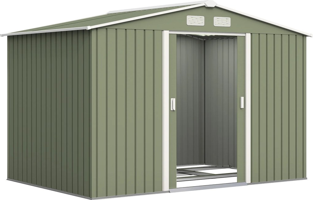 Outsunny Abrigo de Jardim Abrigo Metálico para Armazenamento de Ferramentas com Base de Reforço 4,83m² 277x195x192 cm Verde Claro | Aosom Portugal