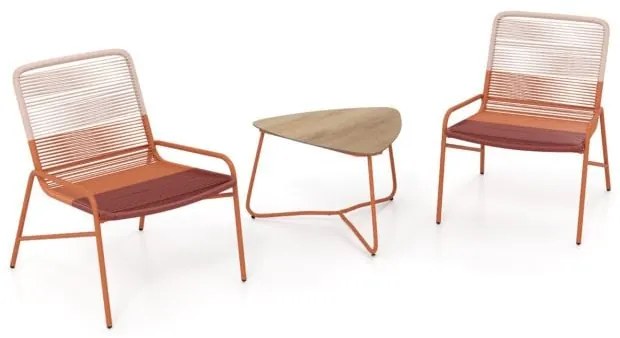 Conjunto de balanço bistrô de 3 peças, cadeiras de vime PE com mesa de centro de metal e almofadas grossas, conjunto de móveis de jardim