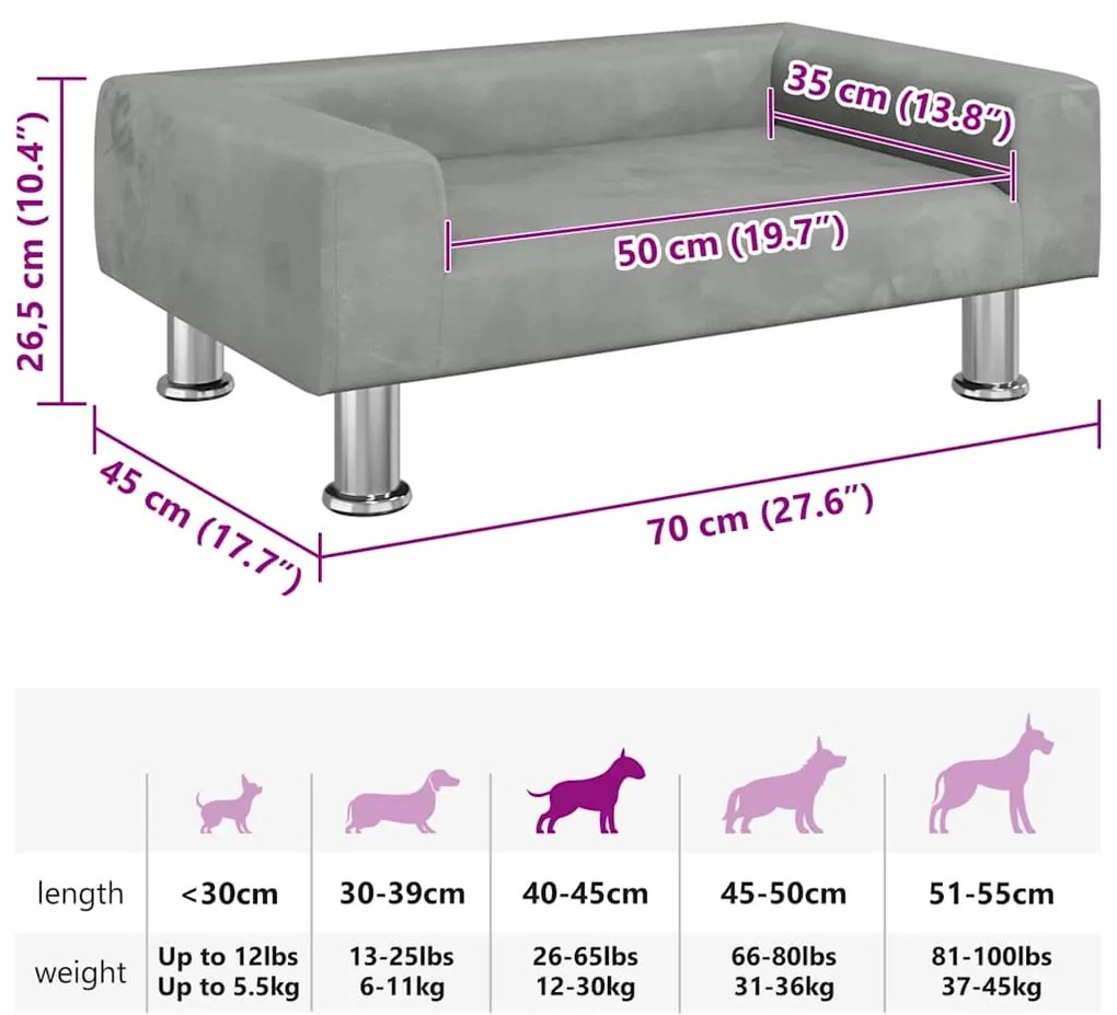 Cama para cães 70x45x26,5 cm veludo cinzento-claro