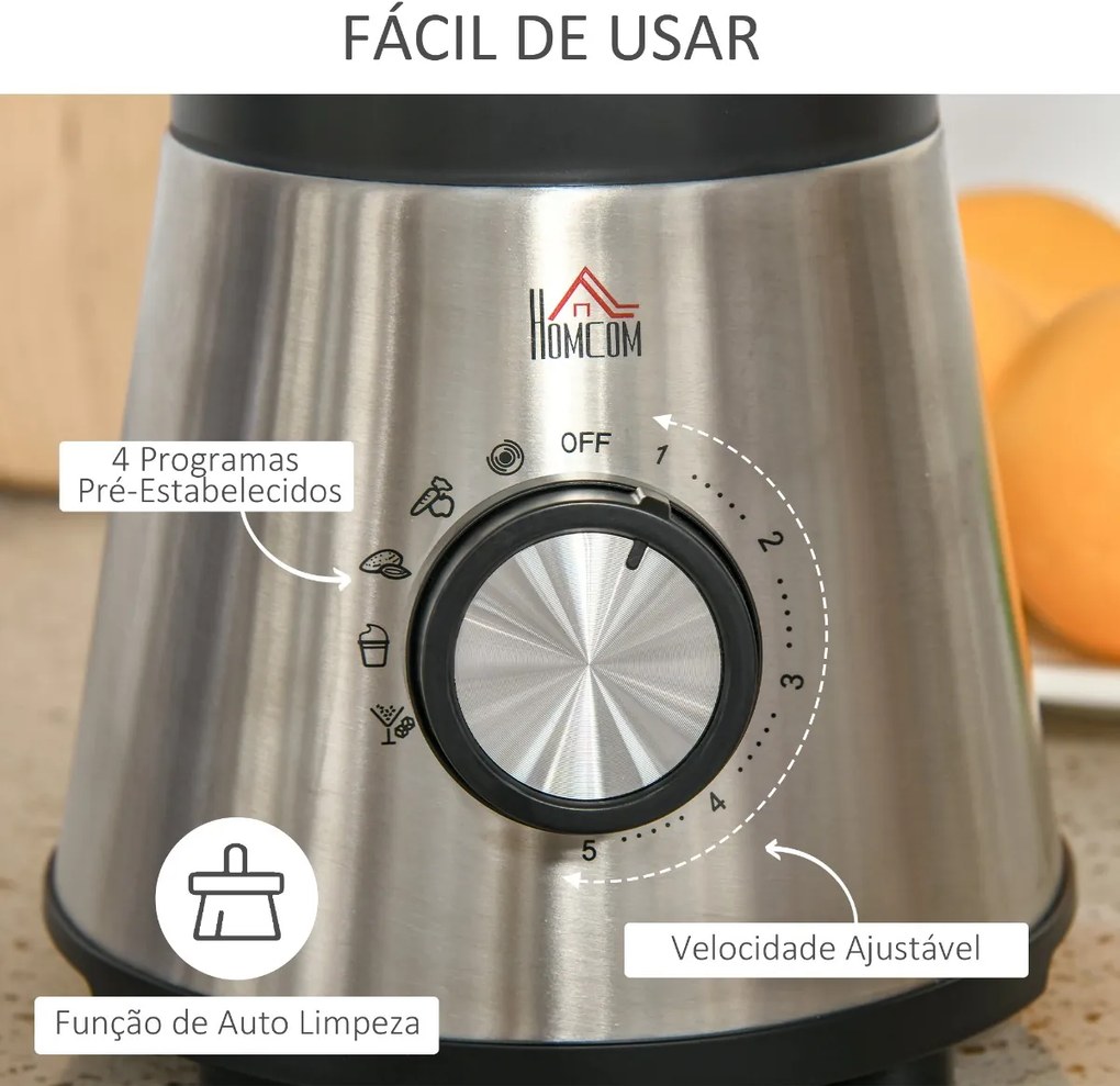 Liquidificadora de 1000W Jarro de Cristal de 1,5L com 4 Programas 5 Velocidades Ajustáveis Lâmina de 6 Folhas Aço Inoxidável e Garrafa Portátil 22,4x19x43cm Preto