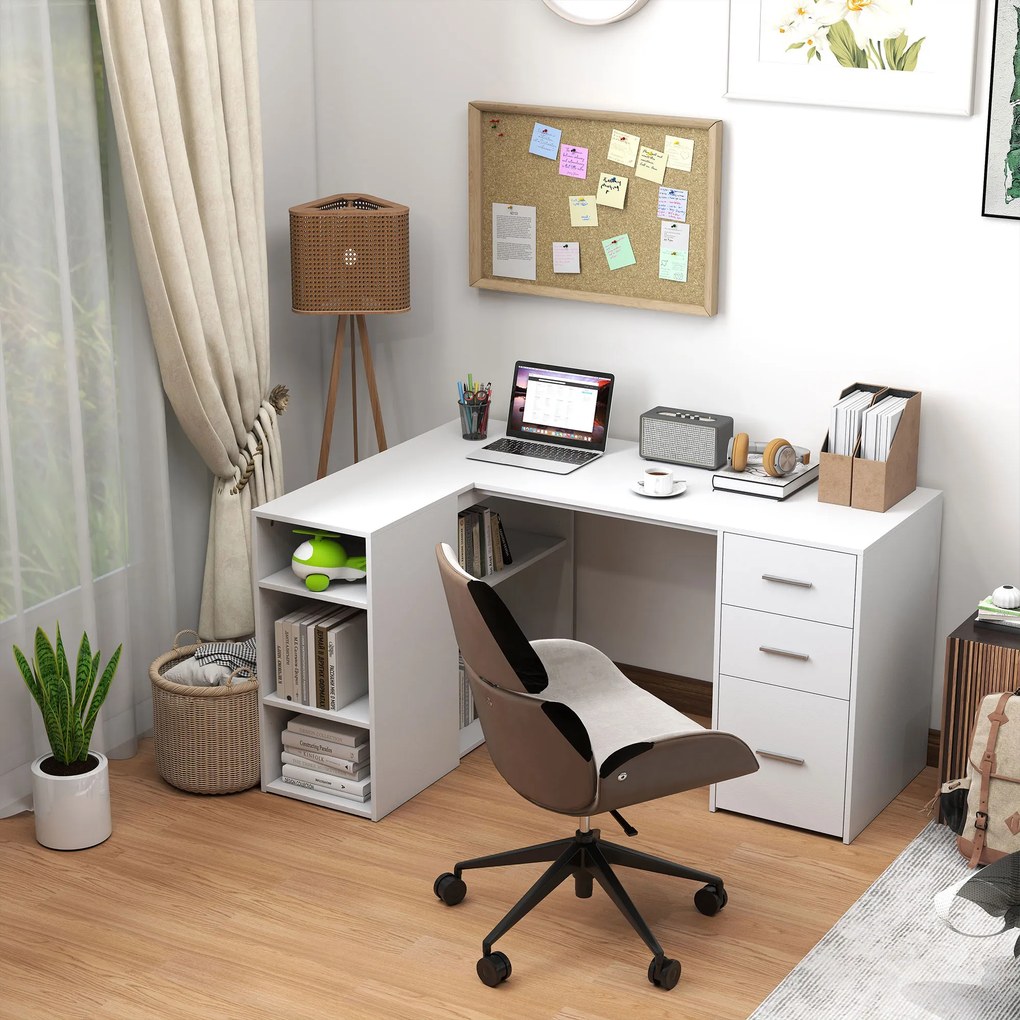 Secretária de Canto 140L x 100P x 75A cm, Arrumação Organizada, Branco