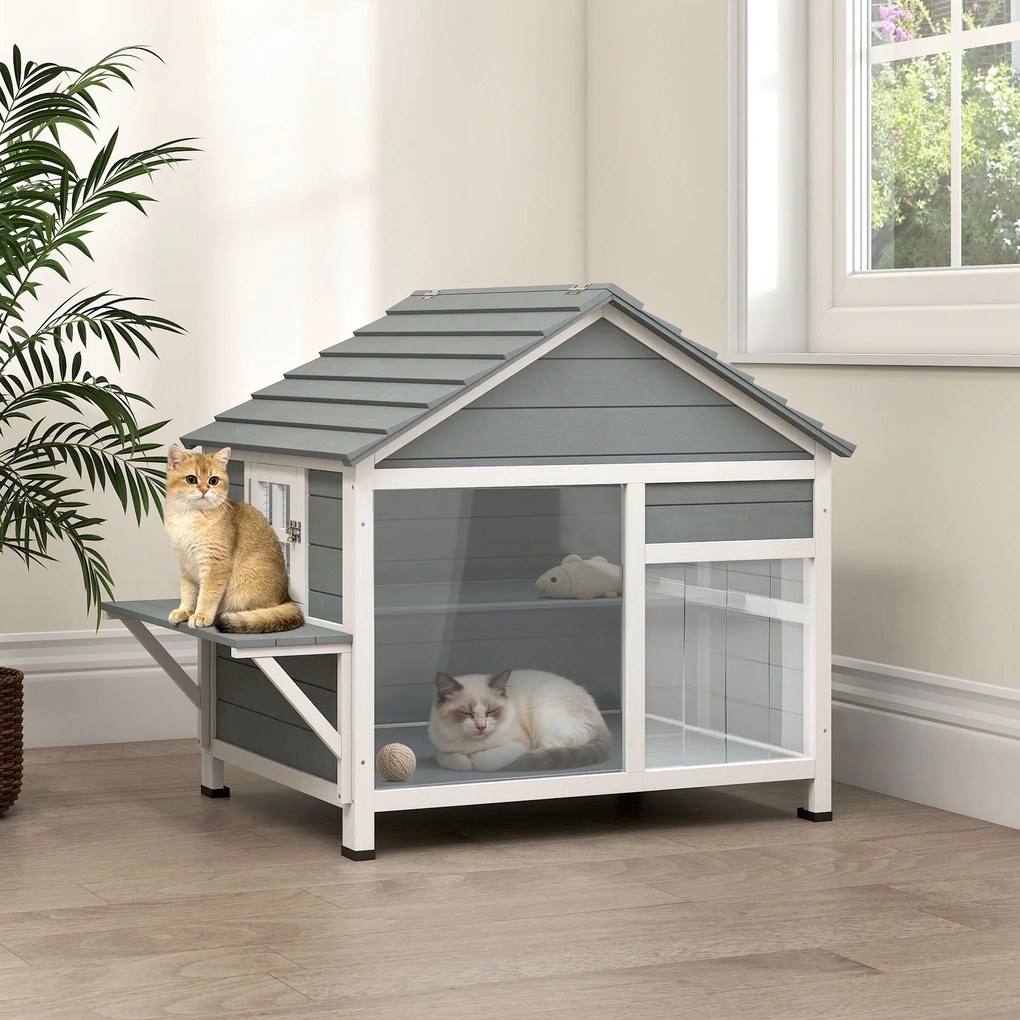 Casinha para gatos de exterior com teto abrível, janela panorâmica, porta de lâminas e plataforma de descanso, 101 x 72,5 x 81 cm, cinzenta