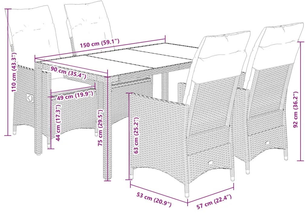 5 pcs conjunto de jantar p/ jardim com almofadões vime PE bege