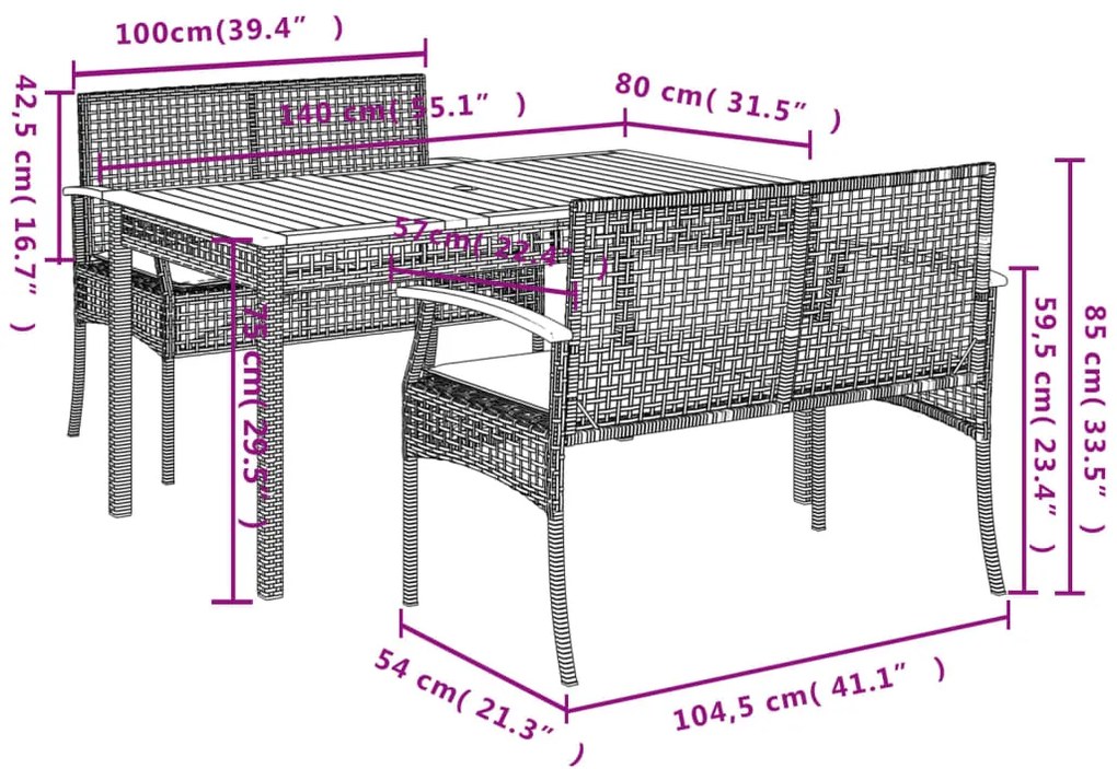 3 pcs conjunto de jantar p/ jardim com almofadões vime PE bege