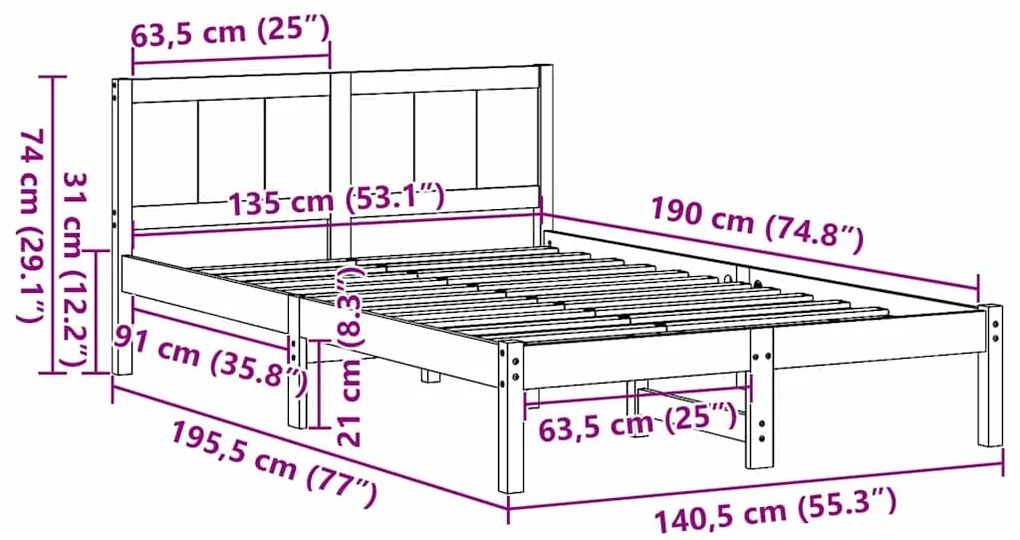 Estrutura de Cama de Madeira de Pinho Encerada Castanho