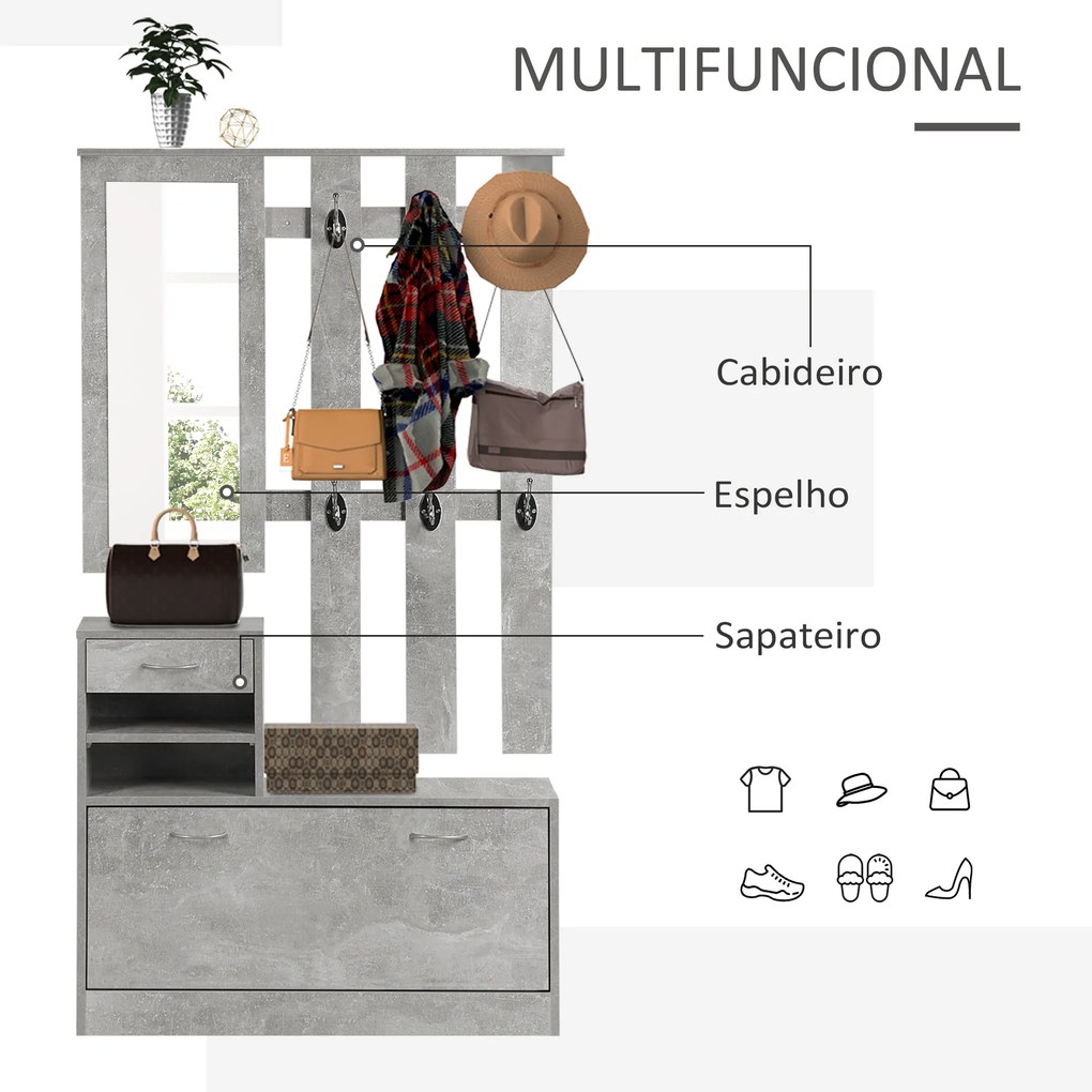 Móvel Cabide de Entrada de 3 Peças Armário de Entrada com Cabide Espelho Sapateira e Gaveta 90x10x102 cm Cinza