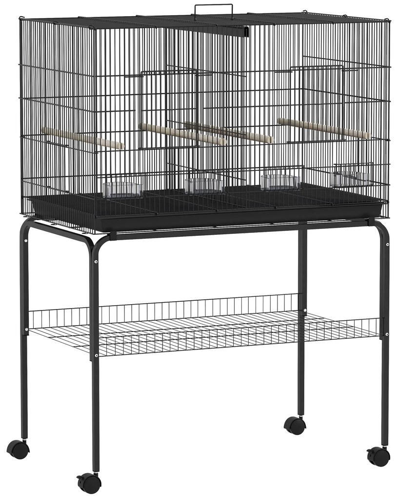 Gaiola para Pássaros com Divisória Rodas Gaiola para Aves com Comedouros Poleiros e Bandeja Removível 94x57x128 cm Preto