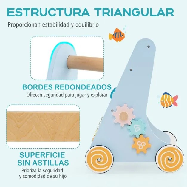 Andarilho de madeira para bebés Centro de atividades de aprendizagem para empurrar e puxar azul