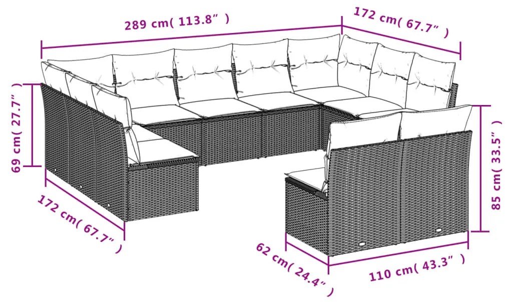 11 pcs conjunto sofás de jardim c/ almofadões vime PE cinzento