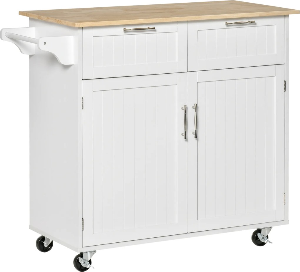 HOMCOM Carrinho de Cozinha com Rodas Móvel Auxiliar de Cozinha com 2 Gavetas 2 Portas Prateleira Ajustável 104x46x91 cm Branco | Aosom Portugal