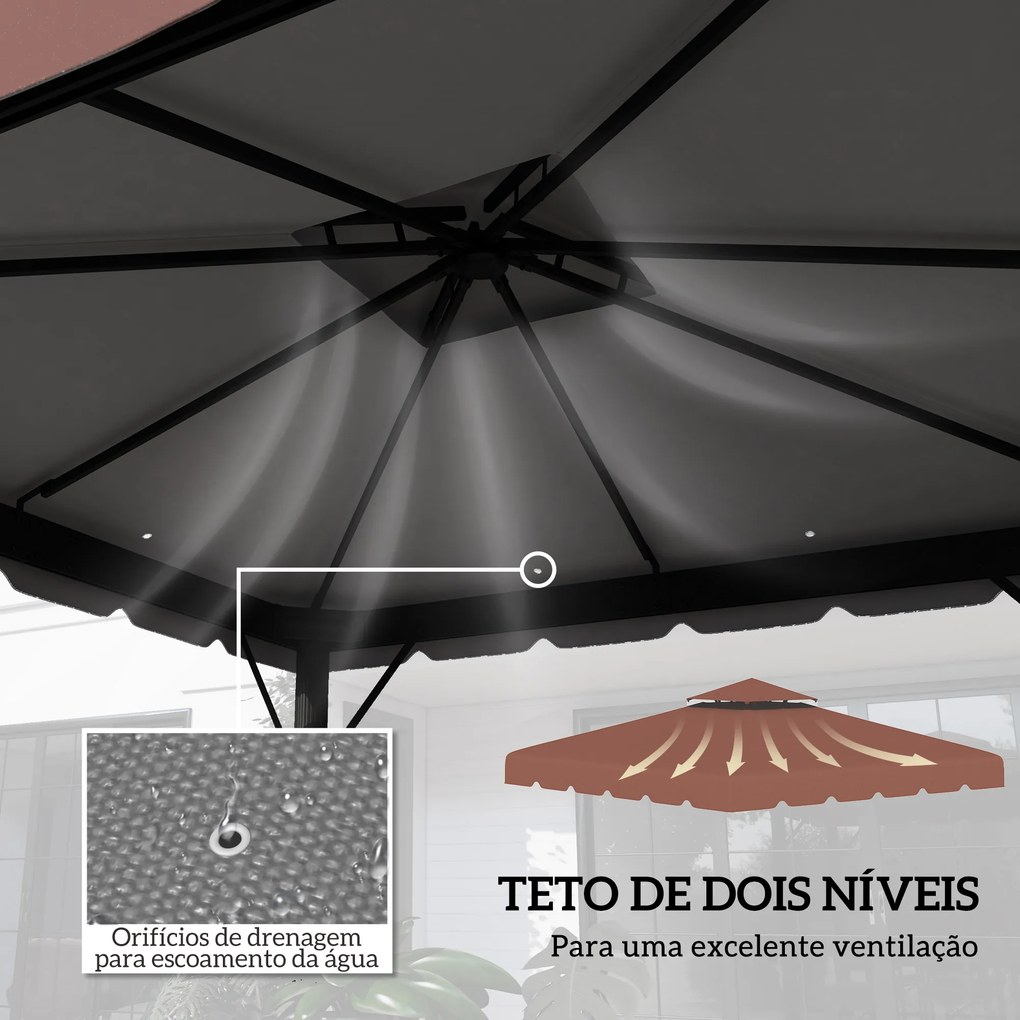 Toldo de Substituição para Pérgola 300x300 cm com Duplo Teto e 8 Orifícios de Drenagem Castanho