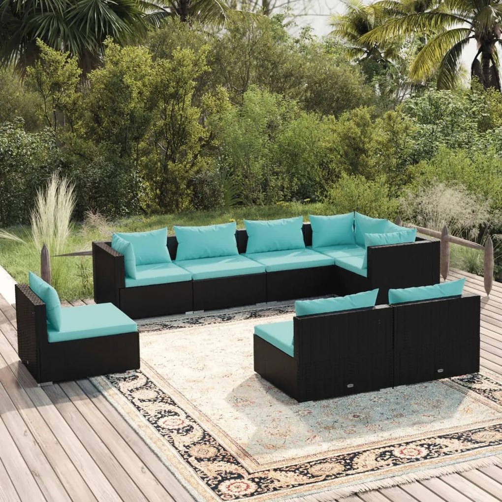 vidaXL 8 pcs conjunto lounge de jardim c/ almofadões vime PE preto