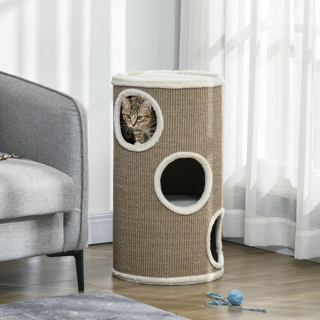 Torre para Arranhar para Gato, 38 x 38 x 70 cm, 3 Níveis com Revestimento em Sisal, Castanho