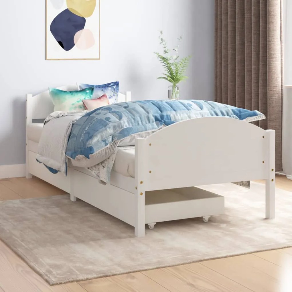 vidaXL Estrutura de cama com 2 gavetas 90x200 cm pinho maciço branco