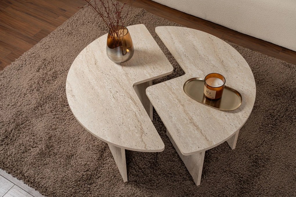 Mesa de Centro "Moira" – Travertine, Ø90x41 cm, Design Rústico Moderno