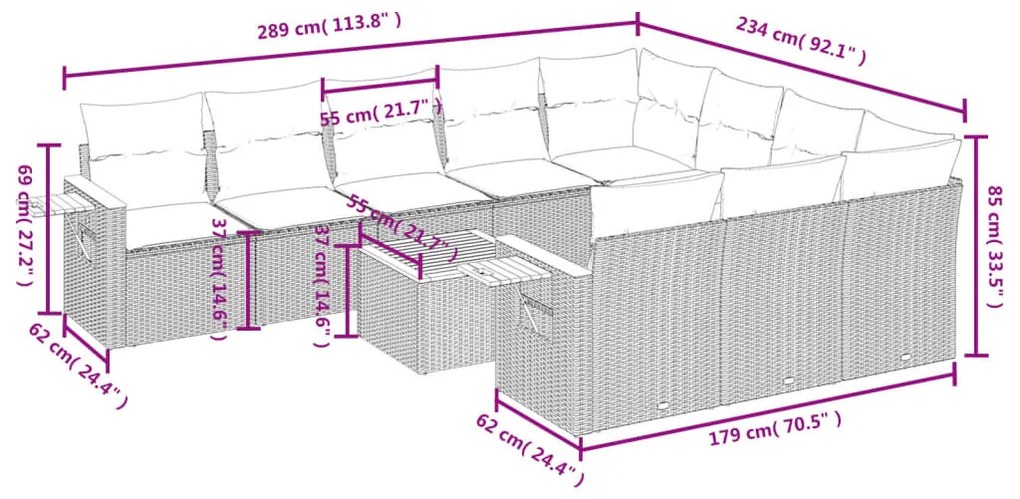 11 pcs conjunto sofás de jardim c/ almofadões vime PE preto