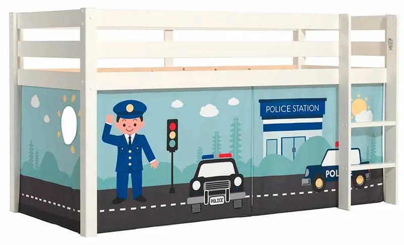 Cama alta de Criança PINO 90 x 200 cm + estrado + escada + cortina Policia Branca