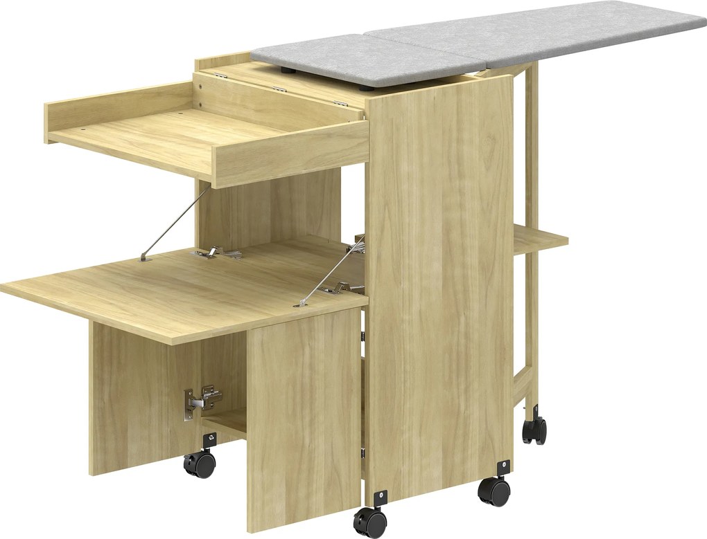 HOMCOM Armário Tábua de Passar Dobrável com Suporte para Ferro e Roupas com Compartimento Aberto,154x55x87 cm, Madeira Natural | Aosom Portugal