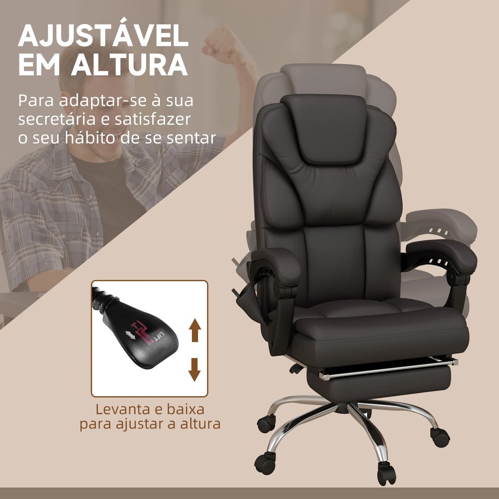 Vinsetto Cadeira de Escritório com 6 Pontos de Massagem Cadeira Executiva Reclinável de PU com Controlo Remoto Altura Ajustável Encosto Alto Apoio para os Pés e Bolso 63x57x118-126 cm Marrom