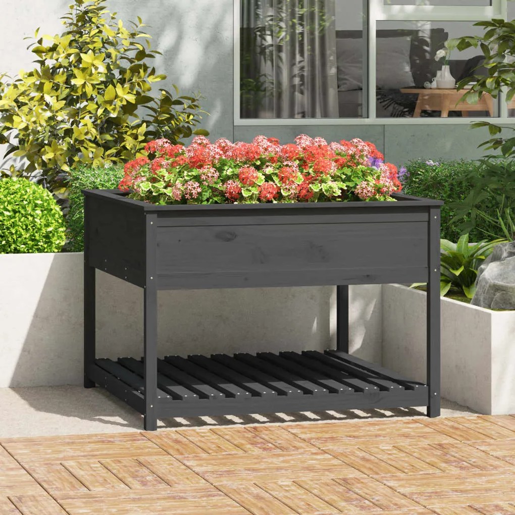 vidaXL Vaso/floreira c/ prateleira 111,5x111,5x81cm pinho maciço cinza