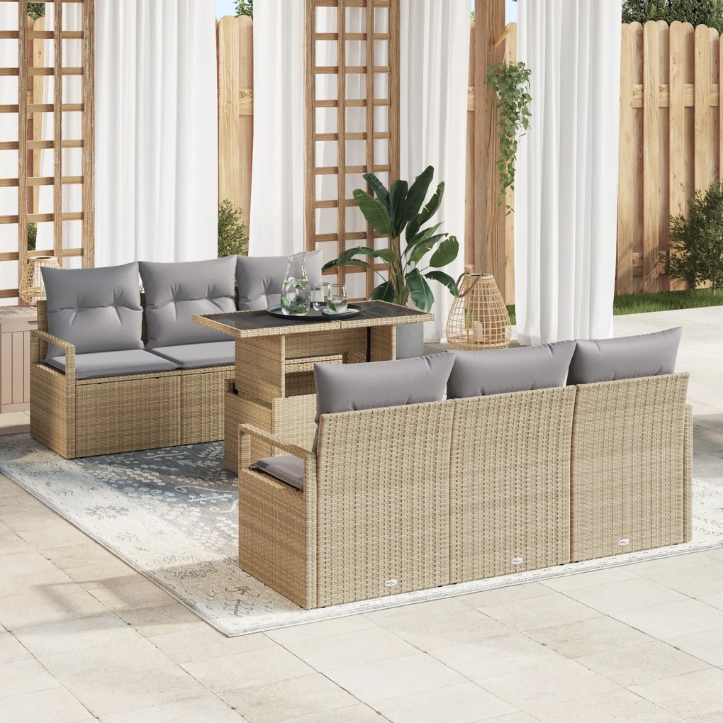 Conjunto de Sofá de Jardim de 7 Peças com Almofadas Bege Rattan Polipr
