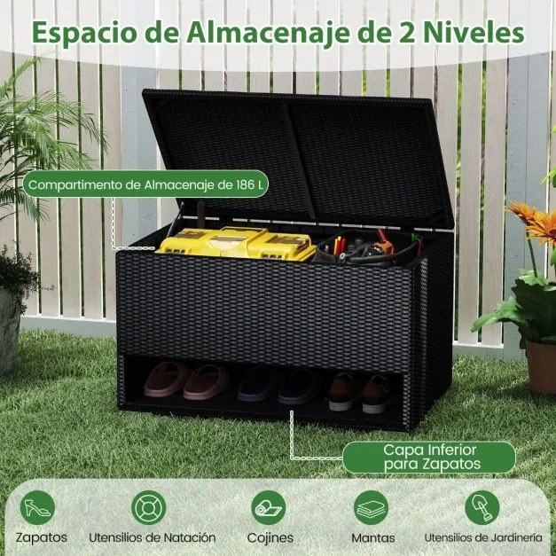 Caixa de armazenamento exterior de rattan com sapateira 95 x 60 x 58 cm com Forro protetor impermeável para Almofadas, terraço Varanda Preto