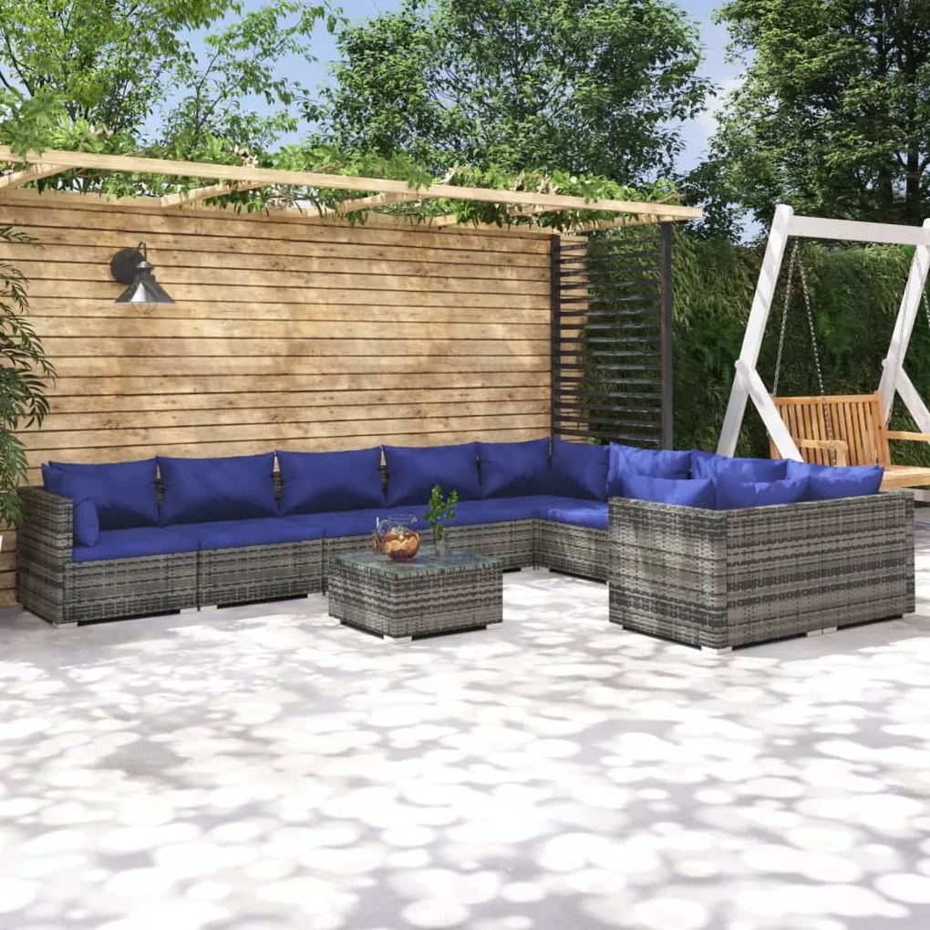 vidaXL 10 pcs conjunto lounge de jardim c/ almofadões vime PE cinzento