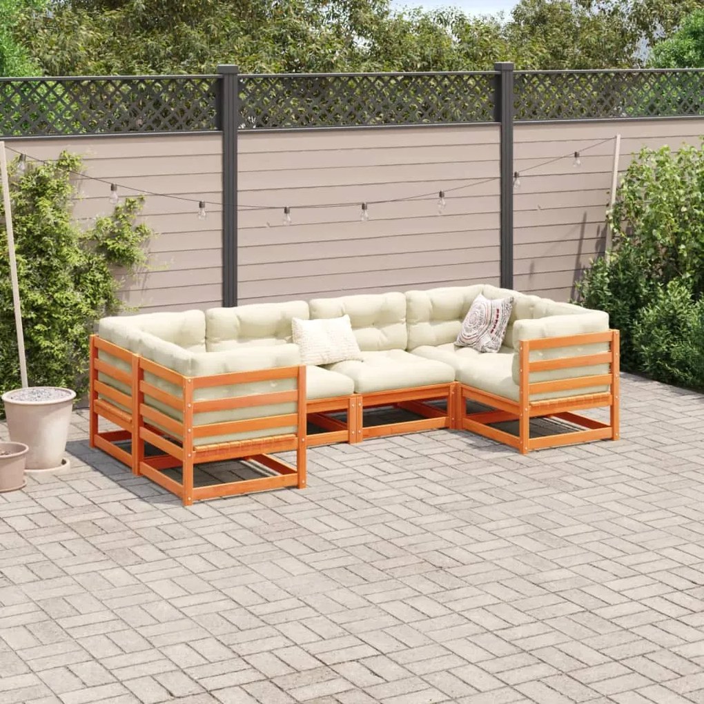 6 pcs conjunto sofás de jardim madeira de pinho castanho cera