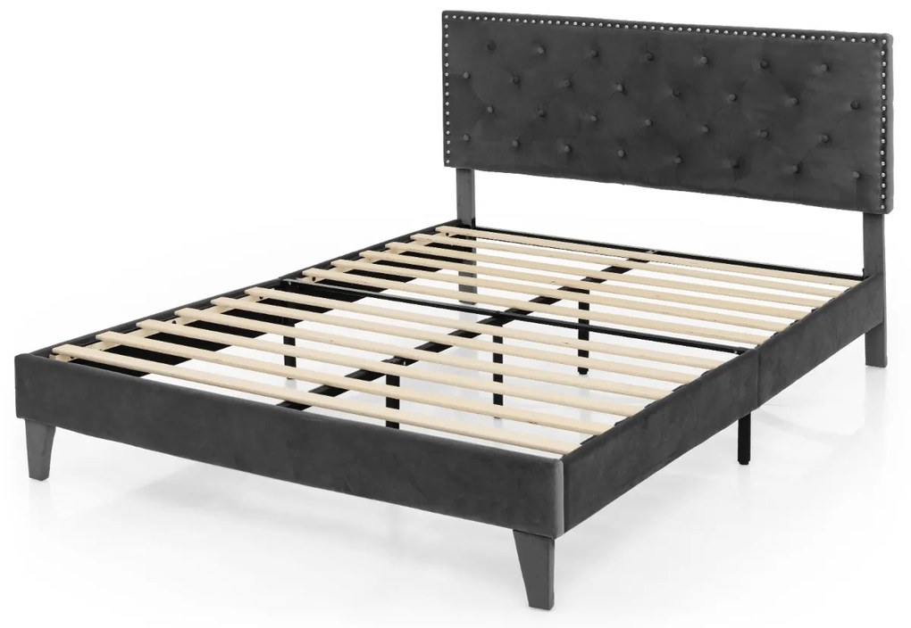 Estrutura Cama 200 x 180 cm em madeira estofada (Sem colchão), estrutura moderna com cabeceira acolchoada, botões para colchão, fácil montagem, cinza