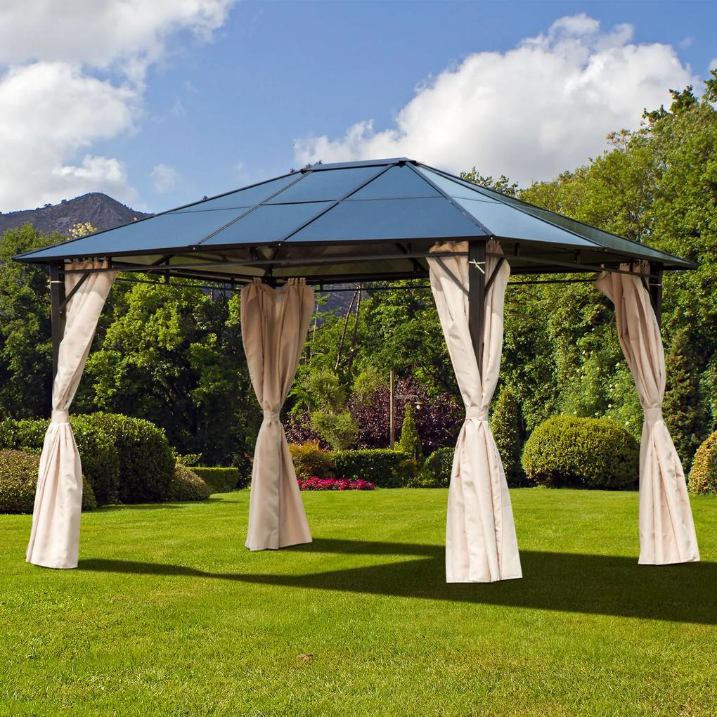 Outsunny Pérgola de jardim 3,65x3 m de aço com telhado de policarbonato de 6 mm Proteção UV 50+ e 4 cortinas laterais Bege