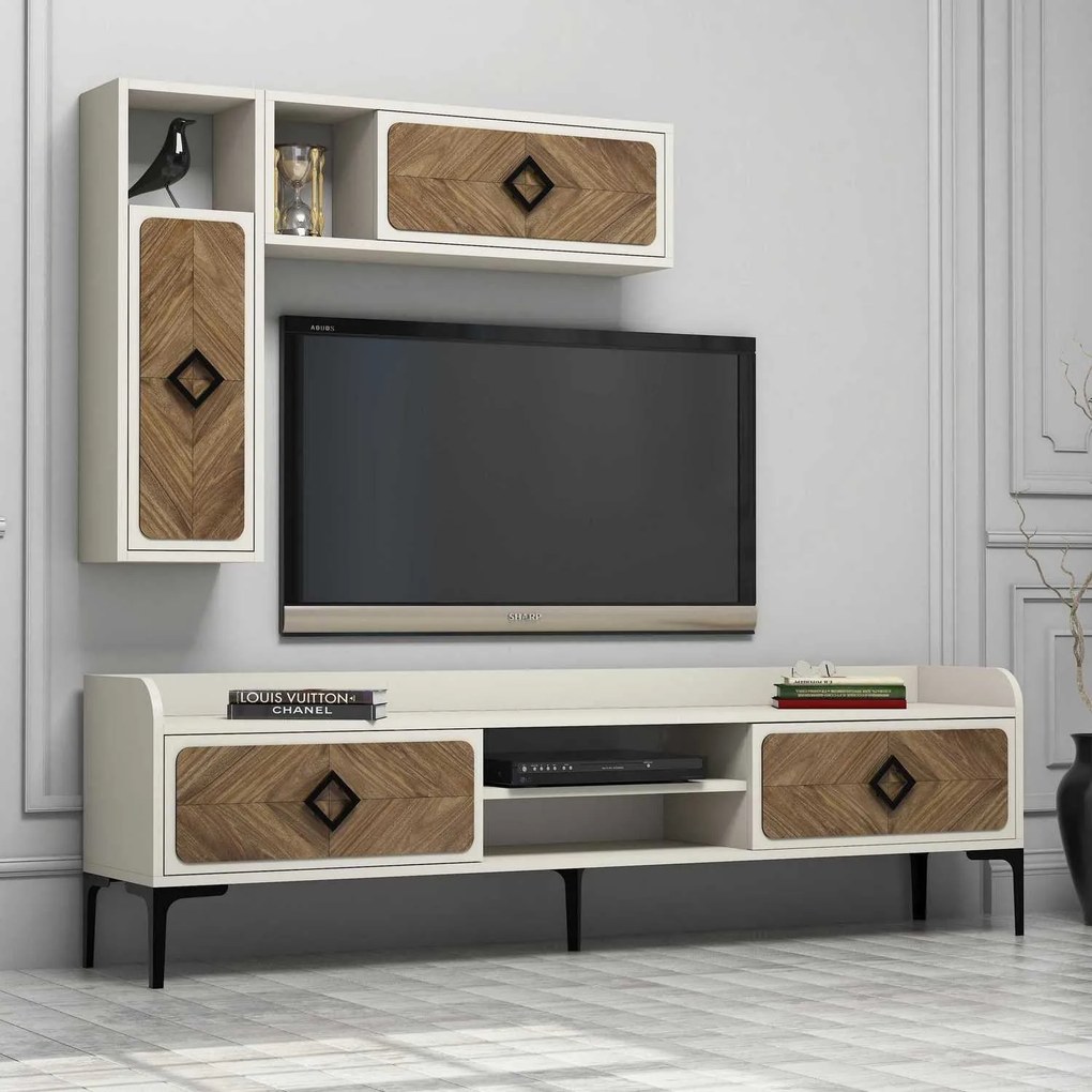 Conjunto de Mobiliário de Sala Samba – Walnut Cream – TV Unit 180x52x3