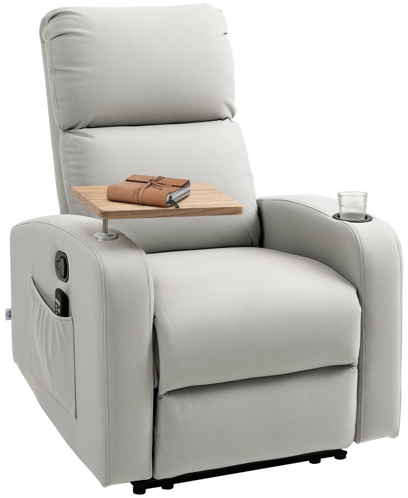 Poltrona de Massagem Poltrona Relax Elétrica com 4 Modos de Vibração Reclinação 145° Mesa 2 Bolsos Laterais 77x93x105 cm Cinza