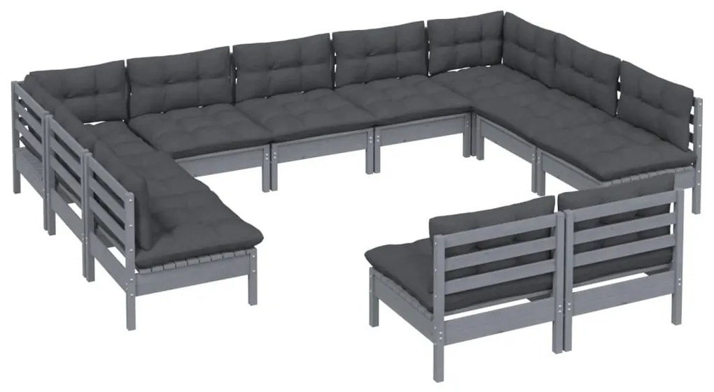 11pcs conjunto lounge de jardim + almofadões pinho maciço cinza