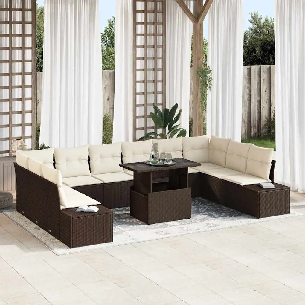 vidaXL Conjunto de Sofás de Jardim de 11 Peças com Almofadas Castanho em Rattan Sintético
