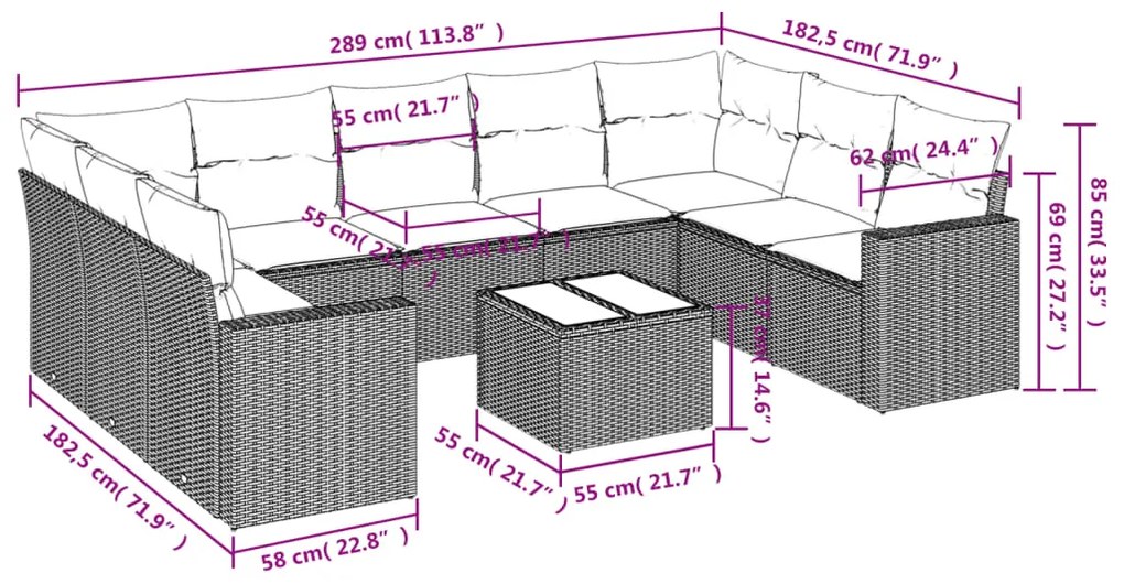 10 pcs conjunto sofás de jardim c/ almofadões vime PE cinzento